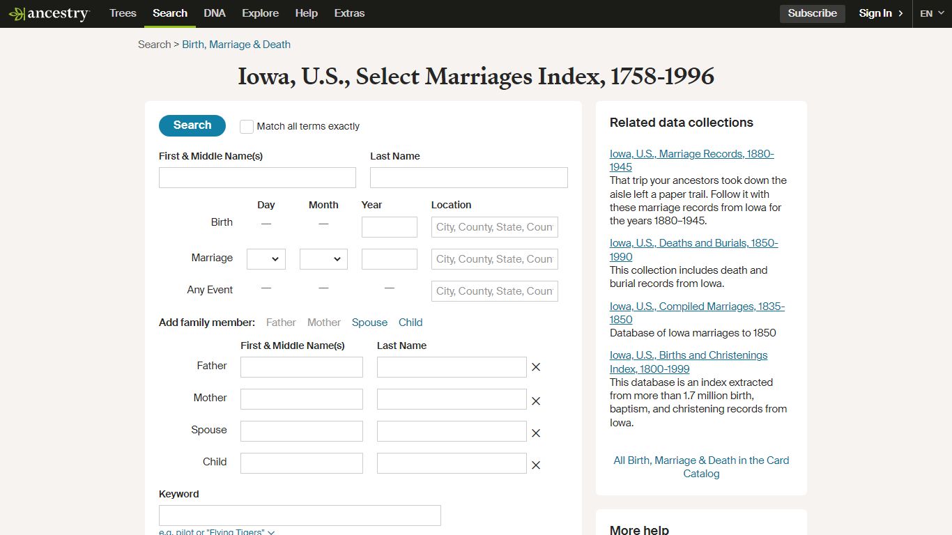 Iowa, U.S., Select Marriages Index, 1758-1996 - Ancestry